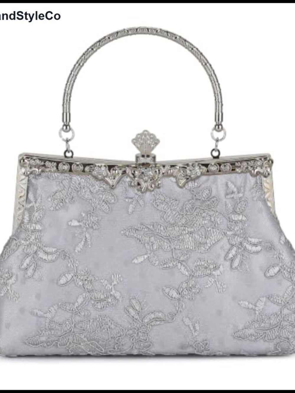 Embroidery Lace Floral Evening Clutch with Metal Handle & Chain Strap
